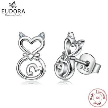 

EUDORA Real Pure 925 Sterling Silver Earring Cute Cat Shape Crystal CZ Stud Earring Fashion Dangler for Gril Women Gift CYE85