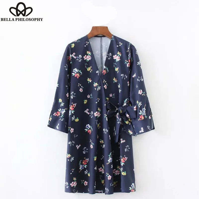 Wonder 2018 women vintage v neck floral vestidos printing loose bow dress elegant female three quarter sleeve casual mini dress