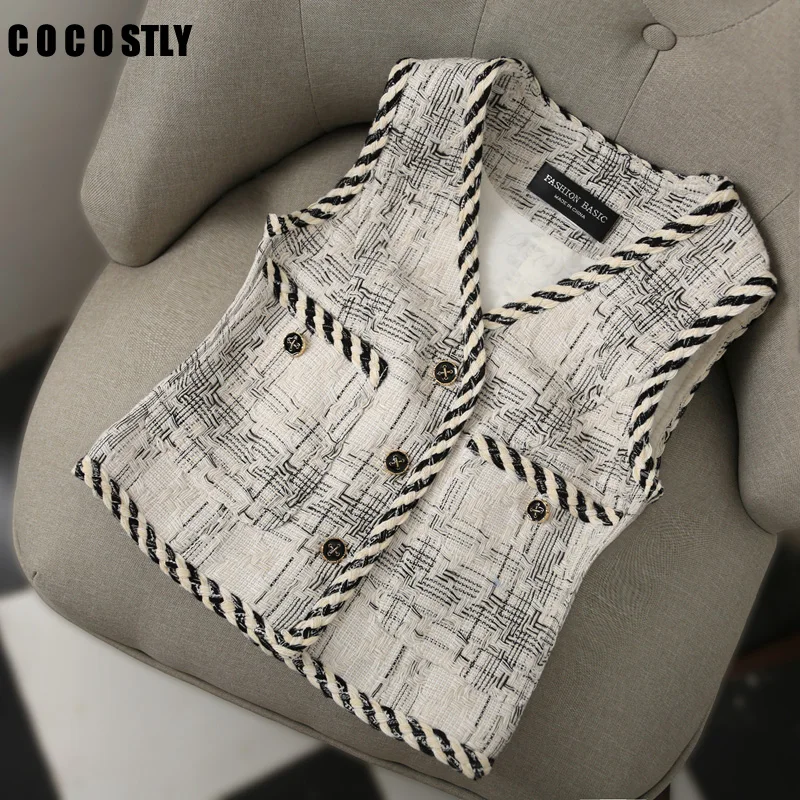 

Tweed Plaid Vest Fashion Woman Vests Autumn Winter New Arrive Sleeveless Short Jacket V-Neck Vest