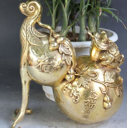 

0 9" Chinese Bronze Wealth Spittor Toad Bat Animal Calabash Cucurbit Gourd Statue