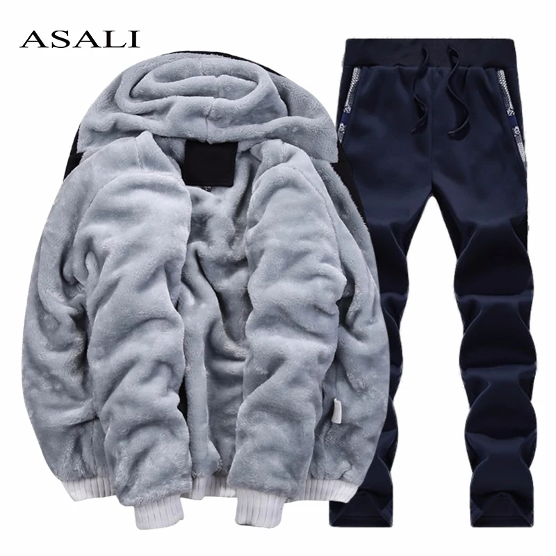 

Track Suits Men Set Winter Casual Tracksuit Mens Two Pieces Cotton Fleece Thick Hooded Jacket + Pants Sweatsuit Male Sportswear