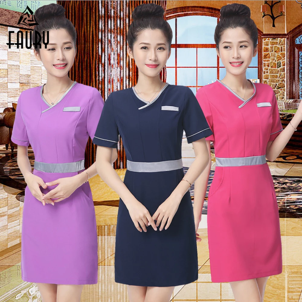 

Women V Neck Beautician Clothing Sauna Foot Massage Technician Workwear Hotel Reception Slim Waist Beauty Salon Uniforms