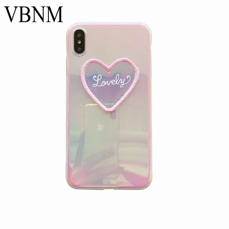 Colorful embroidery heart Pink Phone Case For iPhone X XS Max XR 6s 6 7 8 Plus Laser gradie Cover Fitted |