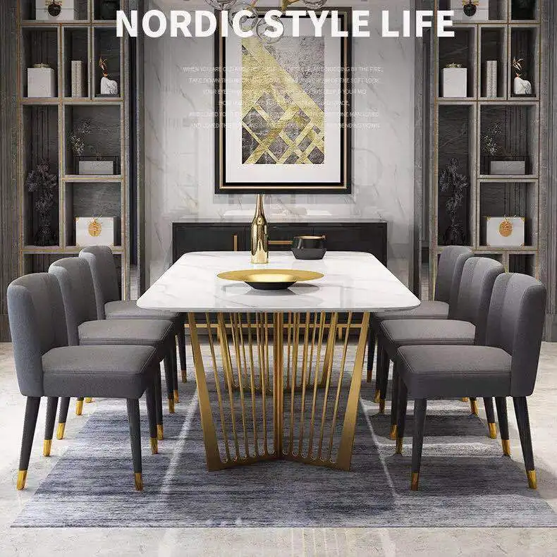 Обеденный стол из мрамора в скандинавском стиле, прямоугольный, для 4-8 человек, домашний обеденный стол, дизайнерский светильник, роскошный обеденный стол из нержавеющей стали