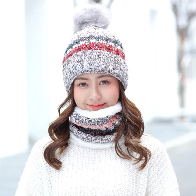 Зимние Утепленные наборы шарф шапка для женщин новая леди Имитация помпон из лисьего меха вязаные уличные шапочки шапки женские кольца шарфы - Цвет: Grey