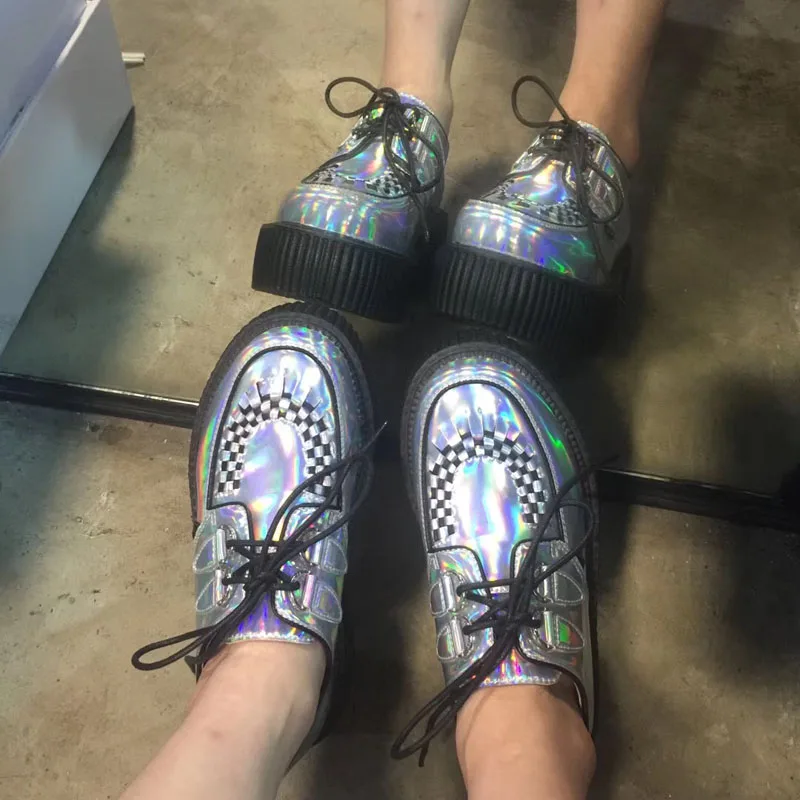 Серебряные ботинки "Харадзюку" Классическая прогулочная Обувь На Шнуровке Высокая платформа модные криперы в стиле Харадзюку; обувь в стиле «панк»; женская повседневная обувь женские лоферы