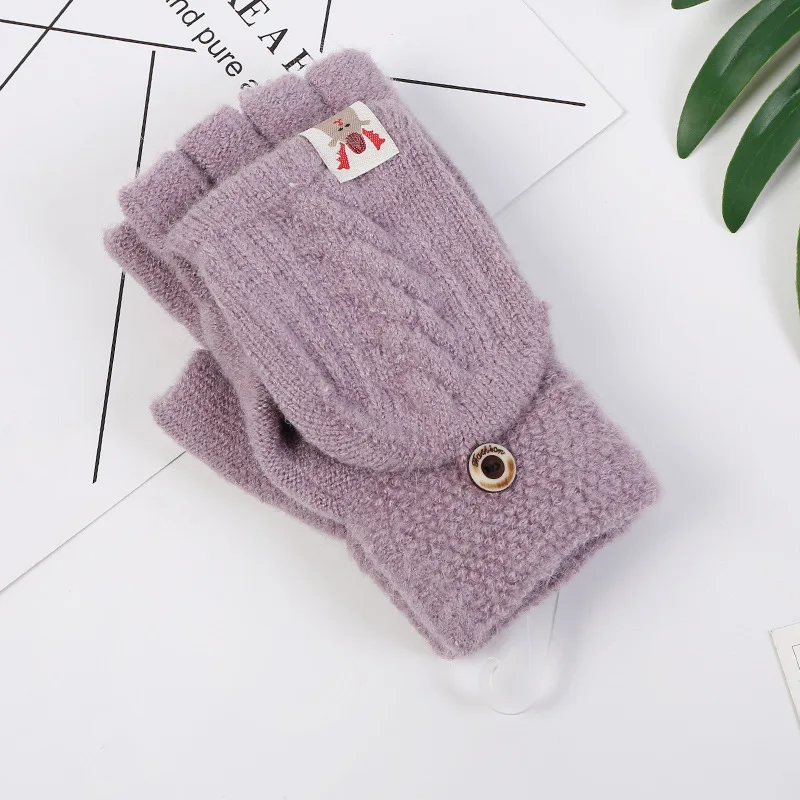 New male and female gloves flip gloves autumn and winter warm half-finger gloves - Цвет: lilac