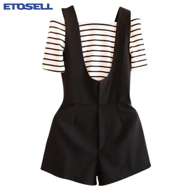 

ETOSELL Pleated Overalls + Striped Strapless Top Sets Women High Waist Zipper Playsuits Female solid Streetwear Suits