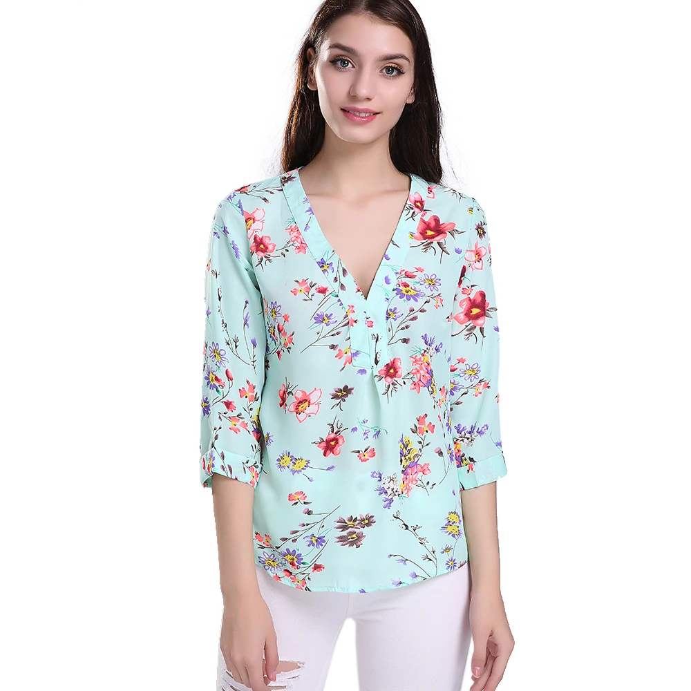 women Sexy V-neck Shirts Tops Casual style Floral Blouses Shirts Three Quarter Female's Shirts Blouse 