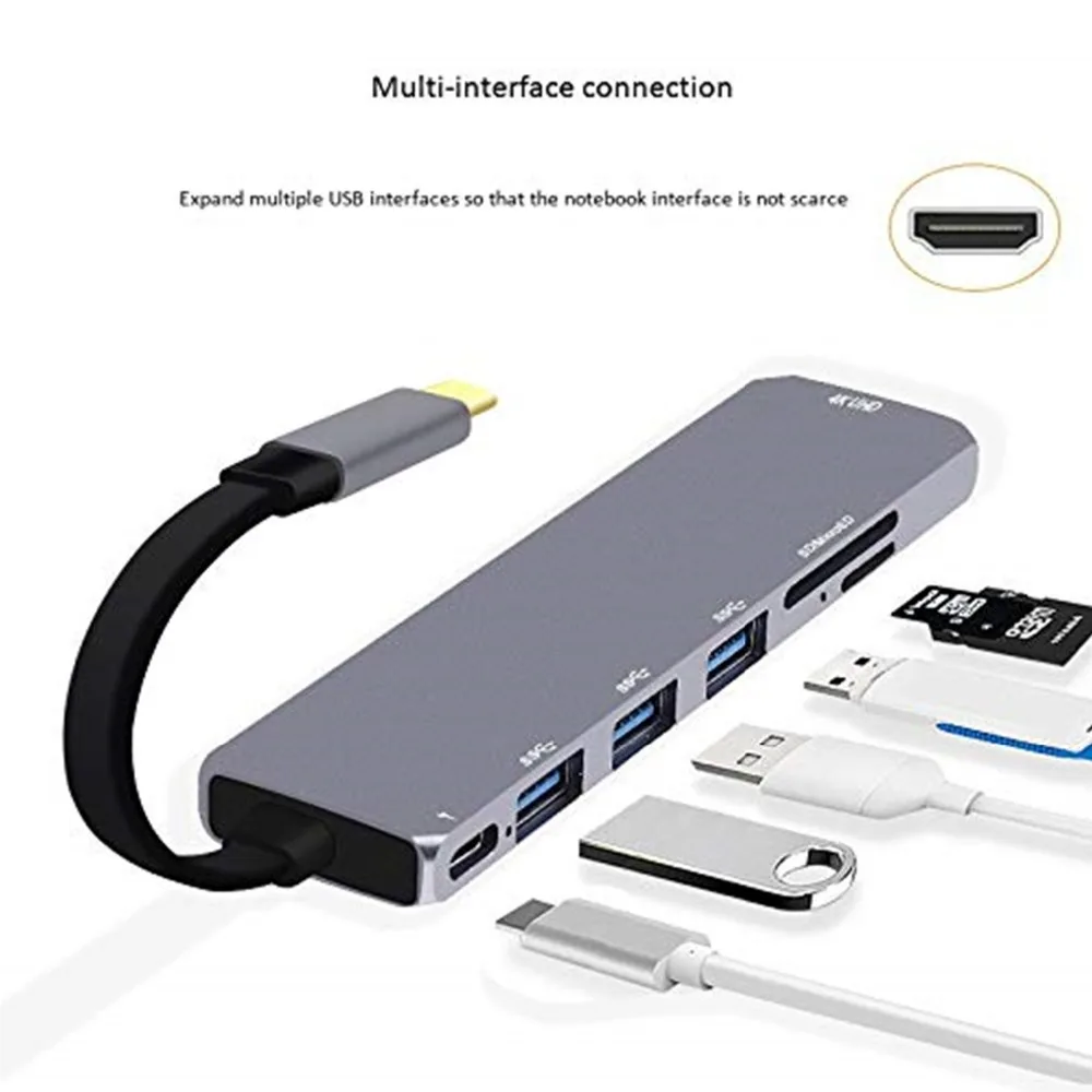

7 in 1 USB C Hub USB Type C Hub Adapter with Pd+3Usb3.0+Sd+Tf+Hdmi Cable Card Reader for MacBook ProSamsung Galaxy Note 8/Note 9