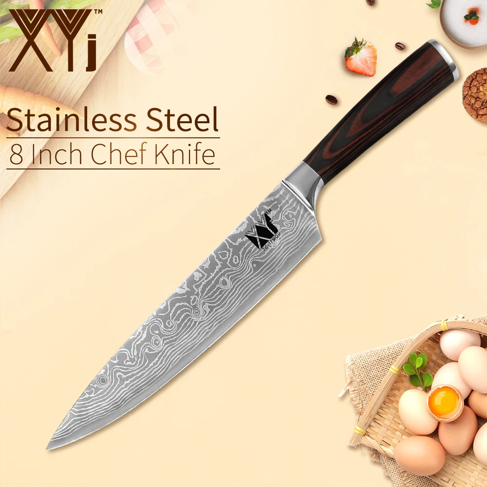 

XYj Stainless Steel Kitchen Knife Damascus Pattern Sharp Blade Color Wood Handle Chef Slicing Santoku Utility Paring Knives
