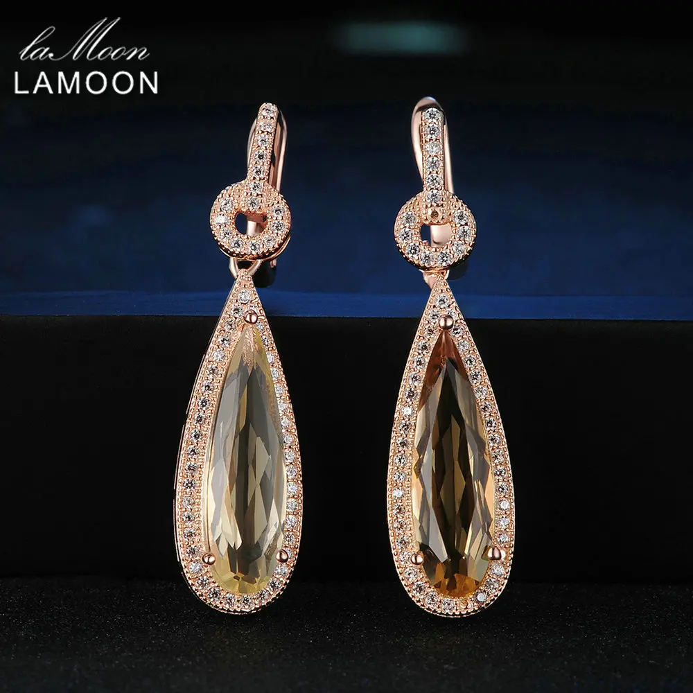 Lamoon Luxury Gemstone Natural Citrine 925 Sterling Silver Drop Earrings S925 Fine Jewelry Rose Gold Plated For Women LMEI024