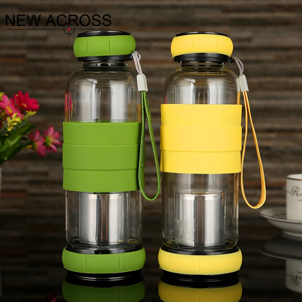 

GUH 1Pcs Glass Water Bottle With Isolation Teacup Outdoor Sports Bottle 4 Colors Optional Straight Body Up Customized In Bulk