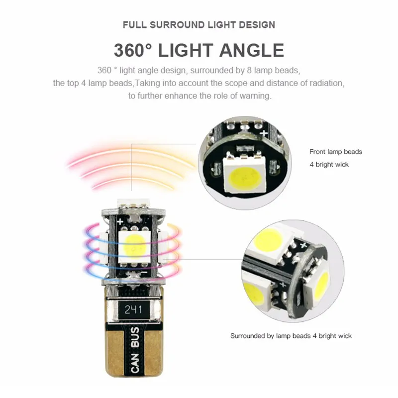  High Quality Super Bright Led Car Bulb Auto Light T10 5050 5SMD Led Car Canbus Error Free Led T10 Led w5w 6500k Led 12v05