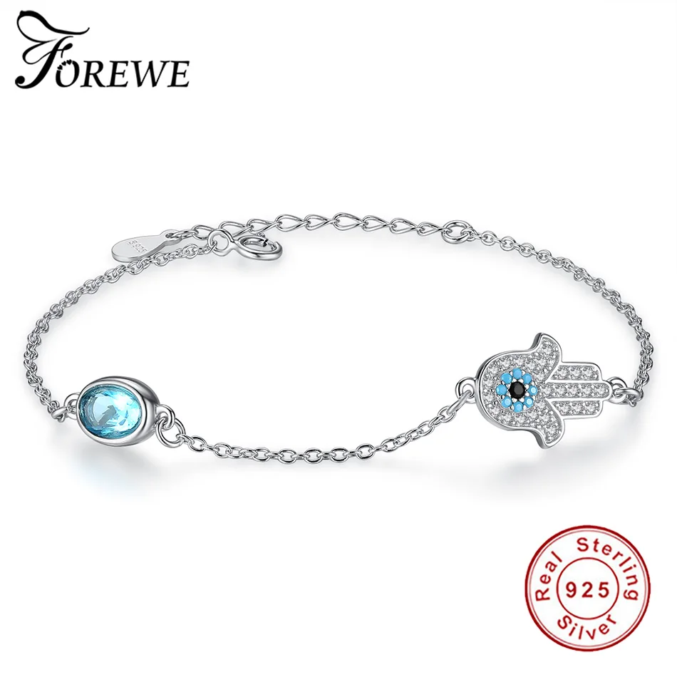 

Forewe Fashion Charms Hamsa Hand Crystal Bracelets 925 Sterling Silver Blue Lucky Eye Rhinestone Bracelet Women Jewelry