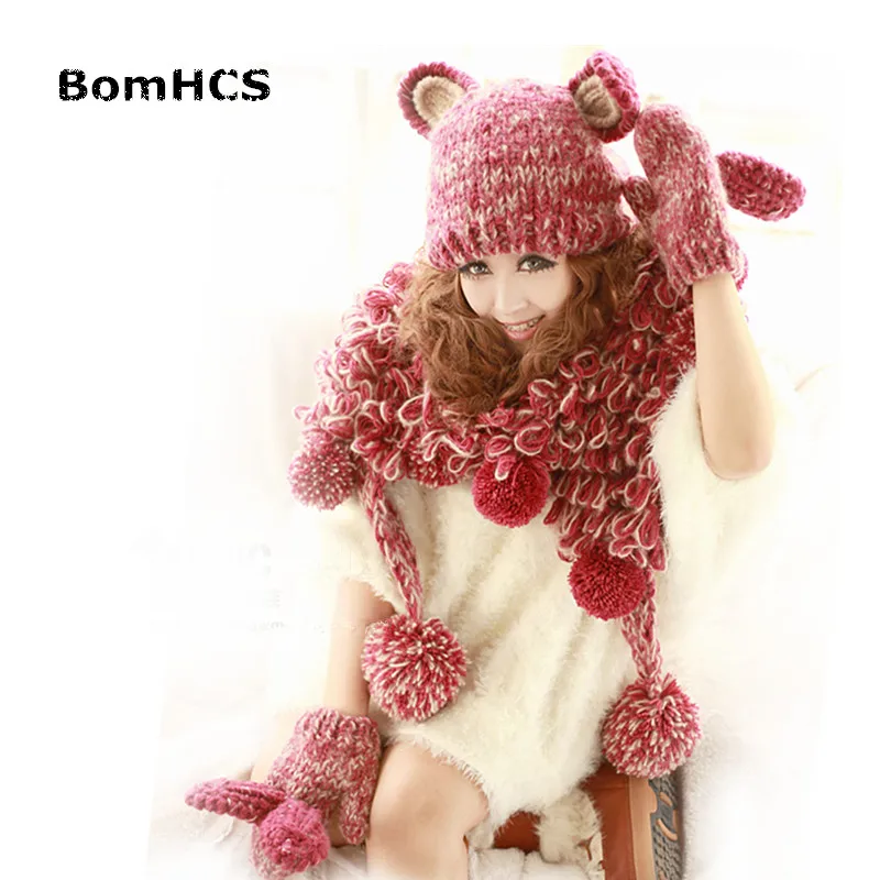 bomhcs-funny-rabbit-ears-winter-warm-women's-beanie-gloves-scarf-3pcs-100-handmade-knit-hat-mittens