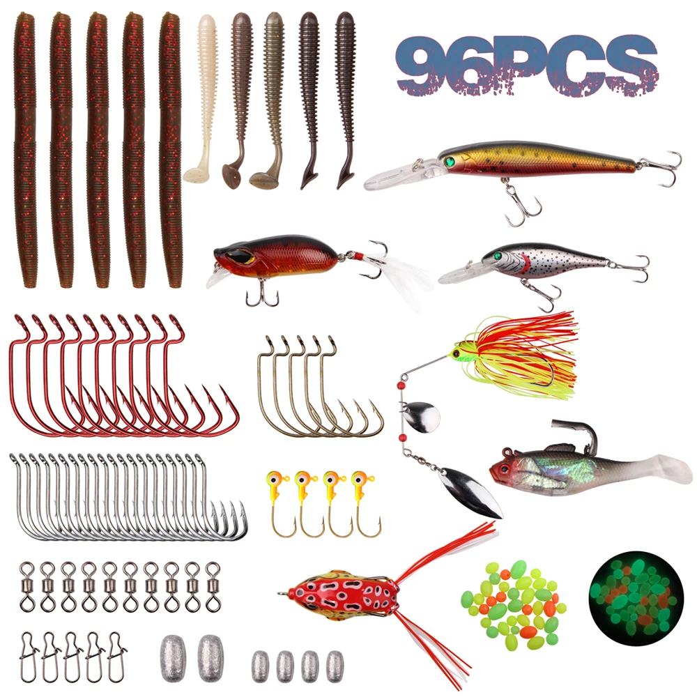 

96Pcs Fishing Tackle Box Lure Kit Crankbait Jigs Spinnerbait Swimbait Sinker Weight Barrel Swivel Worm Octopus Hooks For Bass