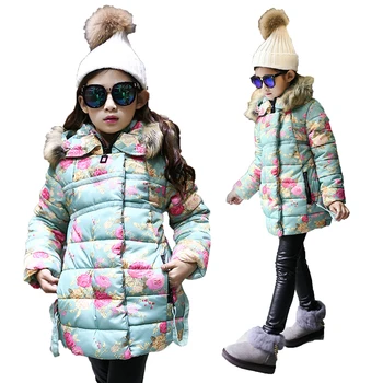 

Kid Down Parkas Jackets For Girls Fashion Girl Winter Warming Thick Floral Pattern Hooded Outwear Coats Children's Colthing coat