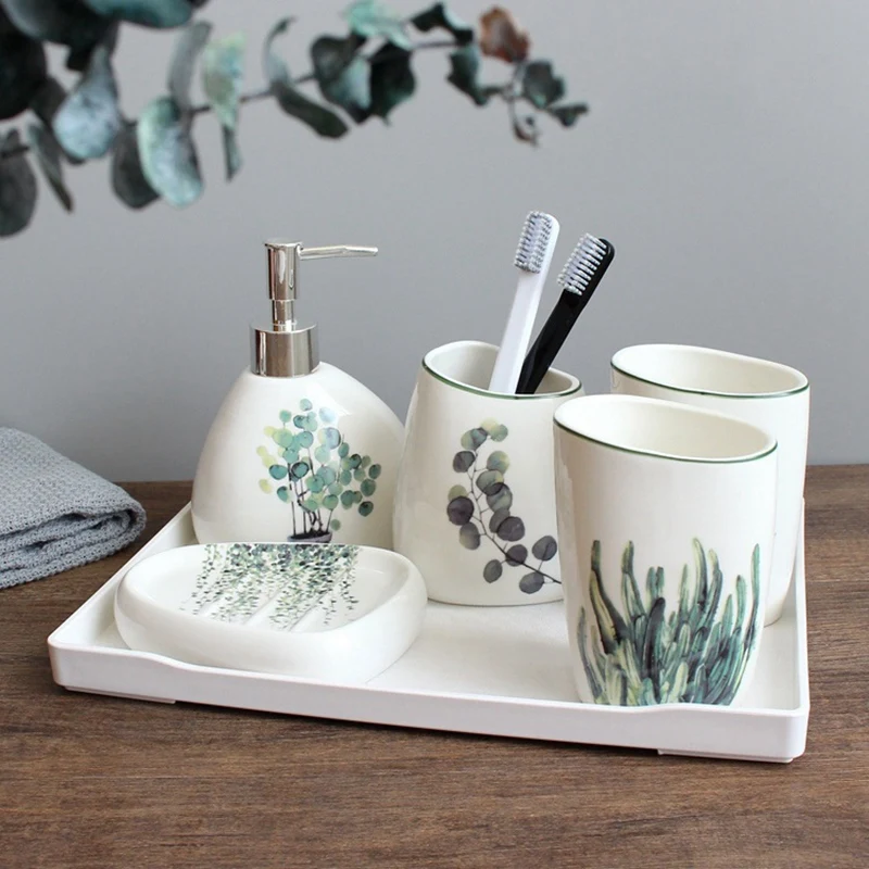 

Nordic Green Plant Ceramic Bathroom Products Simple Five-Piece Wedding Bath Set Bathroom Ceramic Set