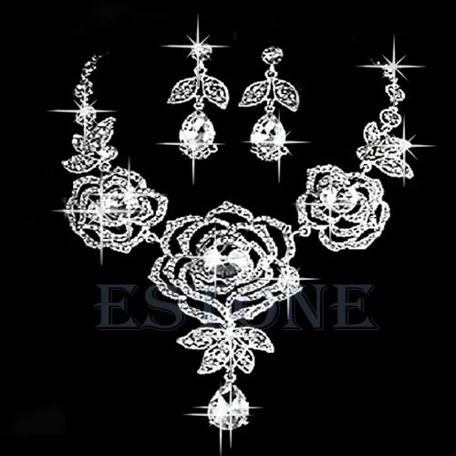

Bride Wedding Party Rose Crystal Rhinestones Drop Necklace Earring Jewelry Set