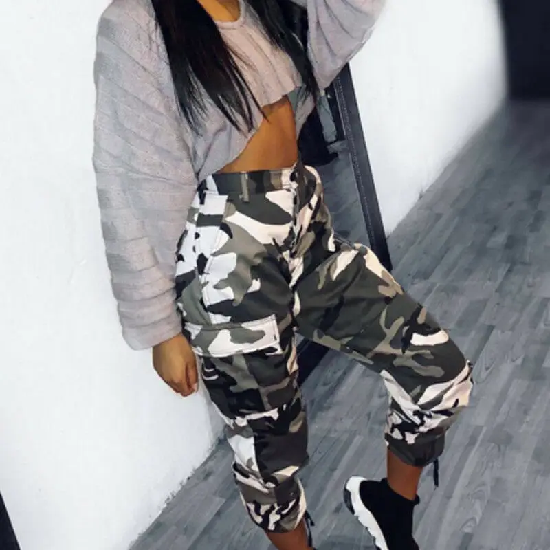 

Women Camo Cargo Trousers Ladies Casual Military Army Combat Camouflage Pants Hip Hop Rock Trousers Jeans