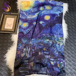 [BYSIFA] синий 100% шелковый шарф шаль модные роскошные Для женщин длинные шарфы Ван Гог Moon Star масляные краски зимние осенние шарфы шарф