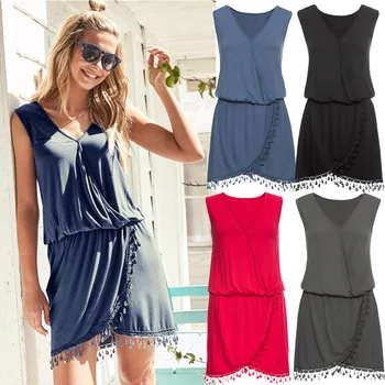 

Fashion New Elastic Waist Women's Dress 2019 Summer V-Neck Sleeveless Mini Dresses Casual Solid Loose OL Sexy Beach Dress Female