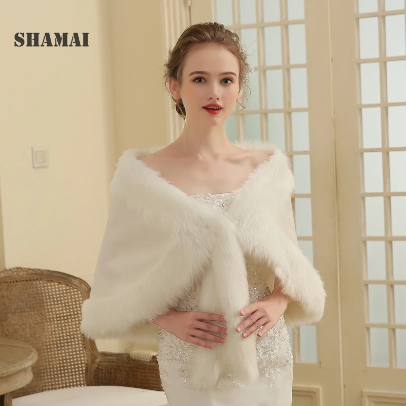 

SHAMAI free shipping Women's Ivory Faux Fur White Large Wedding Bridal Shawl/Wrap Stole Shrug Cape Bolero