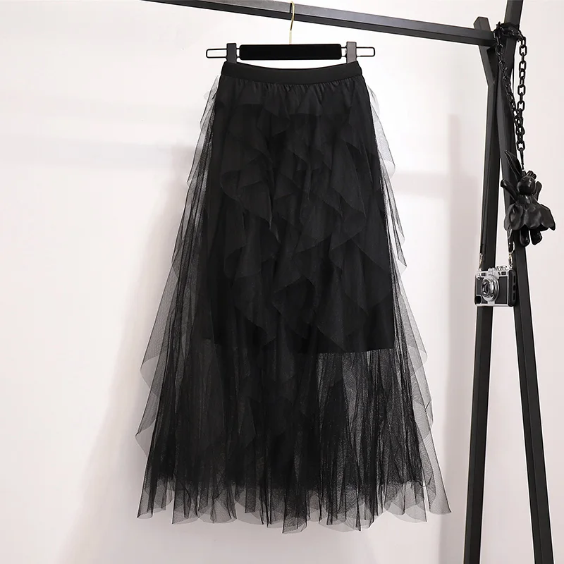 Летние юбки женские модные нерегулярные юбка из прозрачной ткани Эластичный Высокая талия до середины икры пачка длинная юбка для женщин