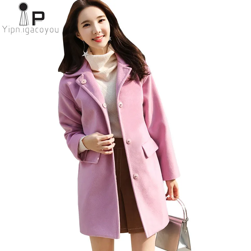 

Autumn Long Wool Coat Women Pink Jacket Korean Plus size Long sleeve Winter Warm Blend Woolen Coat 2019 Fashion Ladies Overcoat