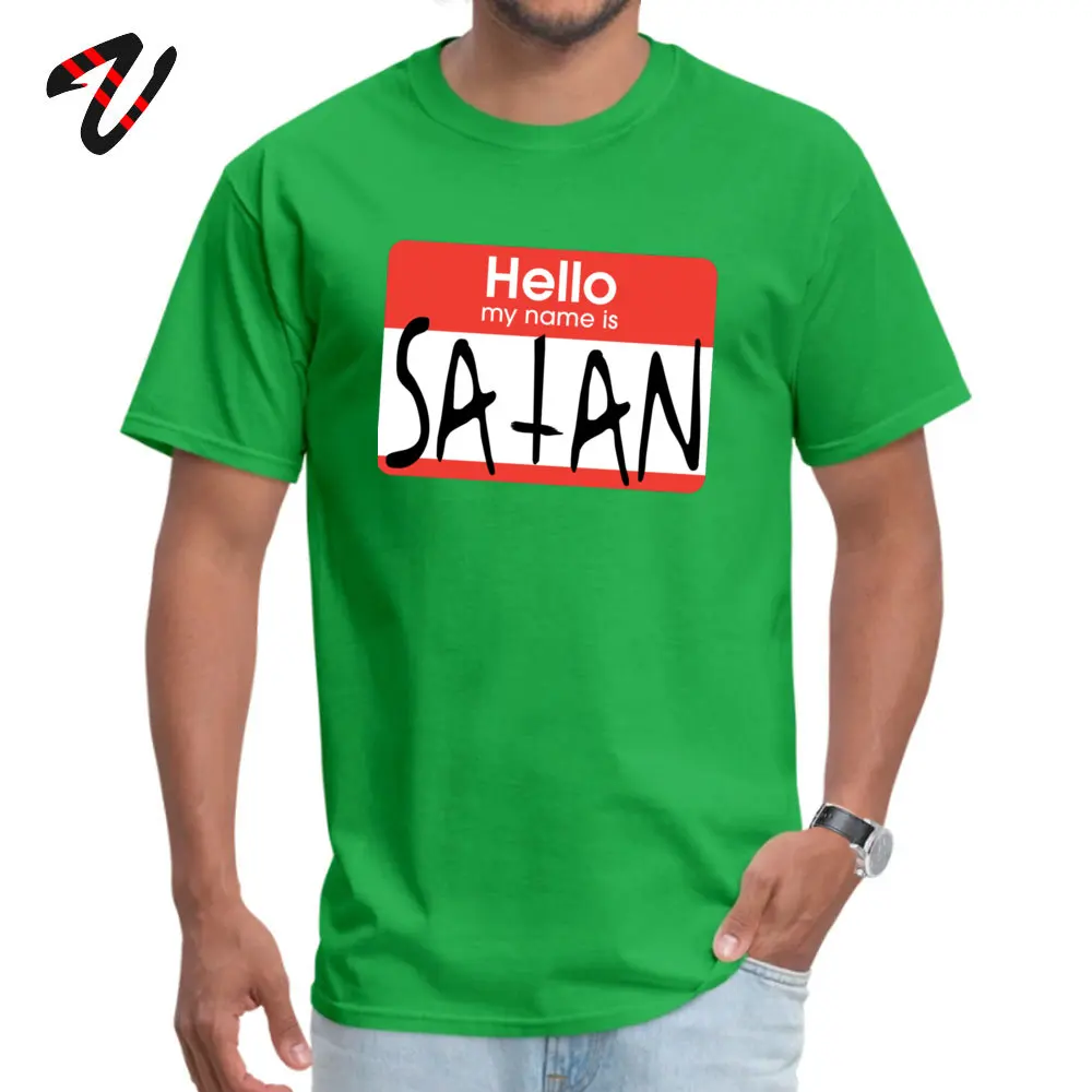  Men T Shirt Funny Normal Tops Shirt All Cotton O-Neck Short Sleeve Leisure Tee-Shirt Summer Fall Wholesale Hello my name is Satan -17313 green