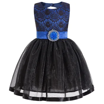 

New Girls' Black/Blue waistband Dresses kids' Sleeveless Dresses with European and American Sexy Lace Pattern party gown dress