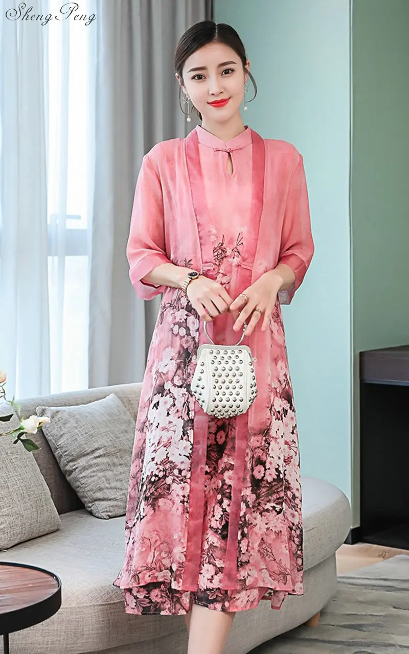 2018 новый qipao длинные cheongsams платье 2 предмета китайское традиционное платье летние цветы винтажное платье восточные халаты Q176