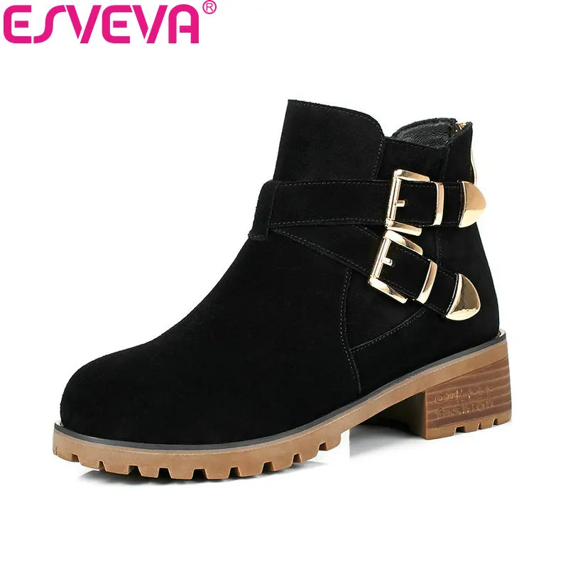 

ESVEVA 2018 Slim Look Women Boots Cow Suede Square Med Heel Ankle Boots Inside PU/synthetic Round Toe Ladies Boots Size 34-40