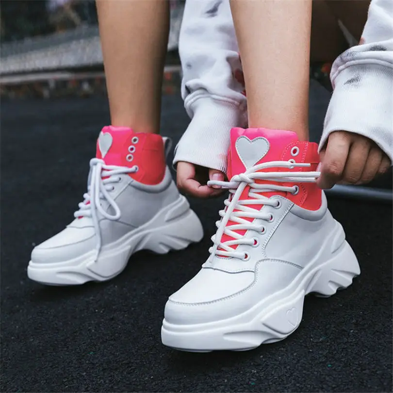 

NAYIDUYUN 2018 Women Shoes Lace Up Cow Leather High Heel Ankle Boots Wedges Platform Party Riding Pumps Punk Hi-Top Sneakers