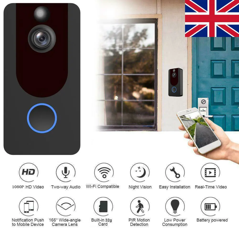 Беспроводное кольцо видео дверной звонок WIFI для безопасного ношения телефона звонок Домофон 1080 P домофон Великобритания