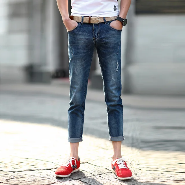 New arrival men's ankle length jeans pants fashion scratched slim fit