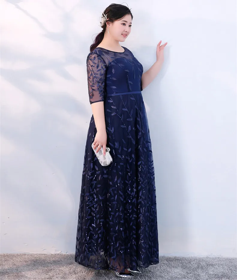JaneVini Navy Blue Sequined Leaf Evening Dresses Long Plus Size Women Half Sleeve Tulle Celebrity Party Gowns Longue Robe 2019