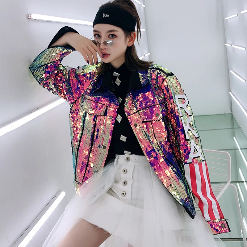 

7Mang 2019 Spring Women Streetwear Harajuku Jackets Letter Flag Sequin Jacket Loose Party Coat Long Sleeve Hiphop Outerwear 0226