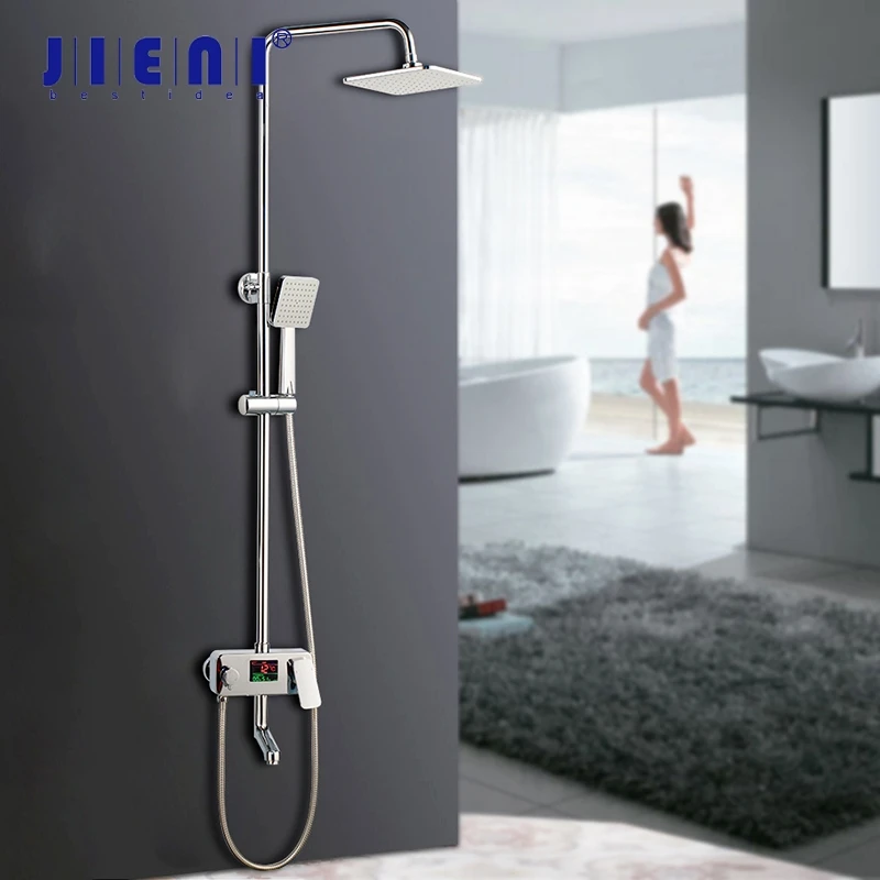 JIENI Chrome Polish Rainfall Shower Faucet Set Shower Mixer Tap Tub Mixers Temperature Digital Display Shower Head Faucets Set