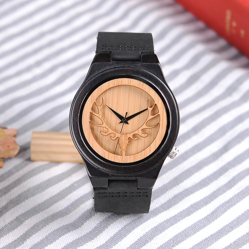 BOBO BIRD Men watches Deer Head Ebony Wooden Quartz WristWatch Mens Timepiece with Leather Band in Gift box erkek kol saati