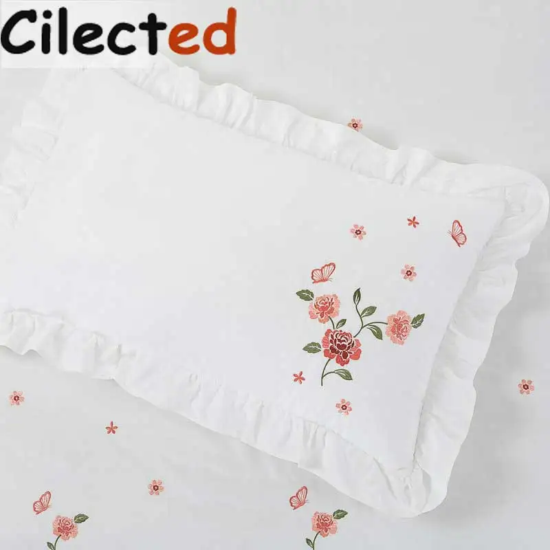 

Cilected 1Pair White Embroidery Rose Pillowcases Cotton Ruffles Pillow Sham Cover For Girls Princess Bedding Sleep 48*74cm