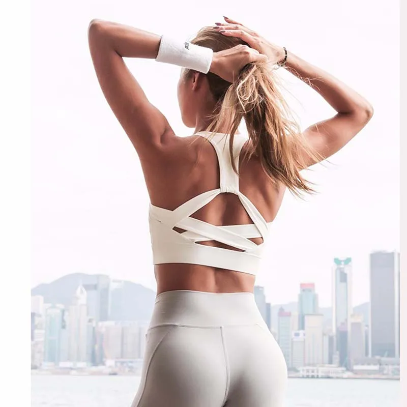 Koop 2018 Nieuwe Stijl Wit Strap Push Up Sportbeha voor Vrouwen Gym Running yoga top Beha Athletic Vest hol Sportkleding Ondergoed