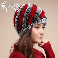 2016 Women’s Winter Hat New Design Real Rex Rabbit Fur Cap For Women Warmly Simple Striped Beanies Handle Weaving Real Fur Hats