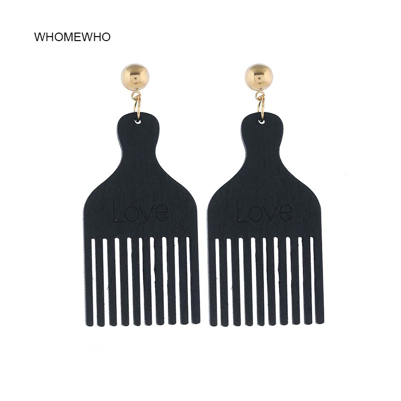

Natural Wood Africa Hairstylist Hairdresser Comb Engraved Love Earrings Vintage African Wooden Party Club Jewelry DIY accessory