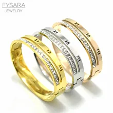 FYSARA Luxury Square Row Crystals Bangle Charm Jewelry Roman Numerial Bangle Rose Gold-Color Stainless Steel Bracelets Women Men