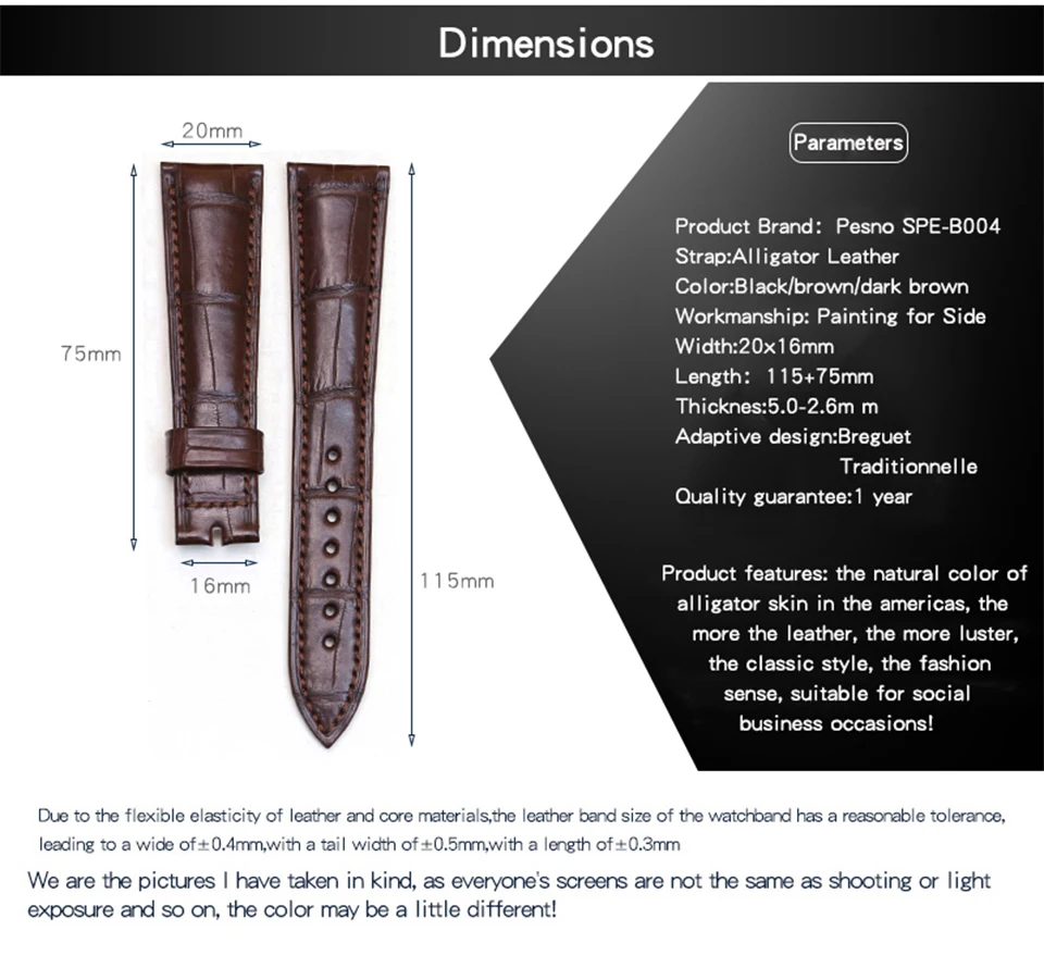 Pesno ремешок чёрный; коричневый темно-коричневый аллигатора кожи watch band Для мужчин Аксессуары для часов 20 мм подходит для Breguet