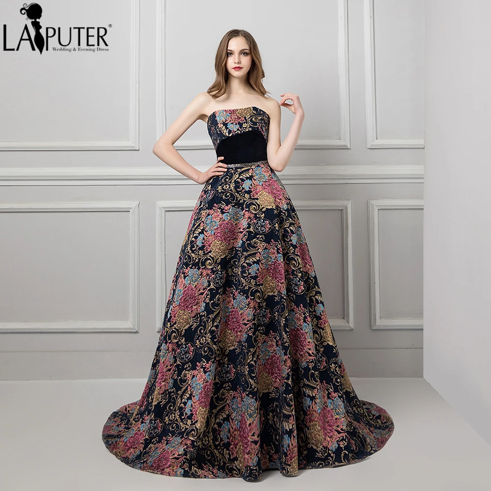 

Laiputer 2018 New Long Dresses Evening A-line Strapless Printed vestido longo de festa with Train