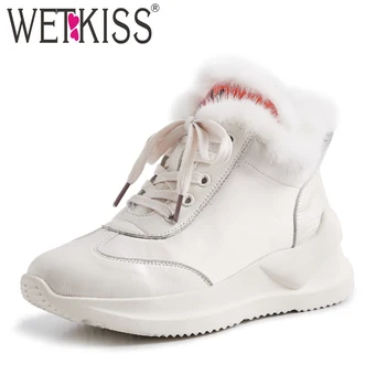 

WETKIS Leather Casual Platform Women Ankle Boots Round Toe Footwear Fur Warm Female Snow Boots Antiskid Girl Shoes Woman Winter