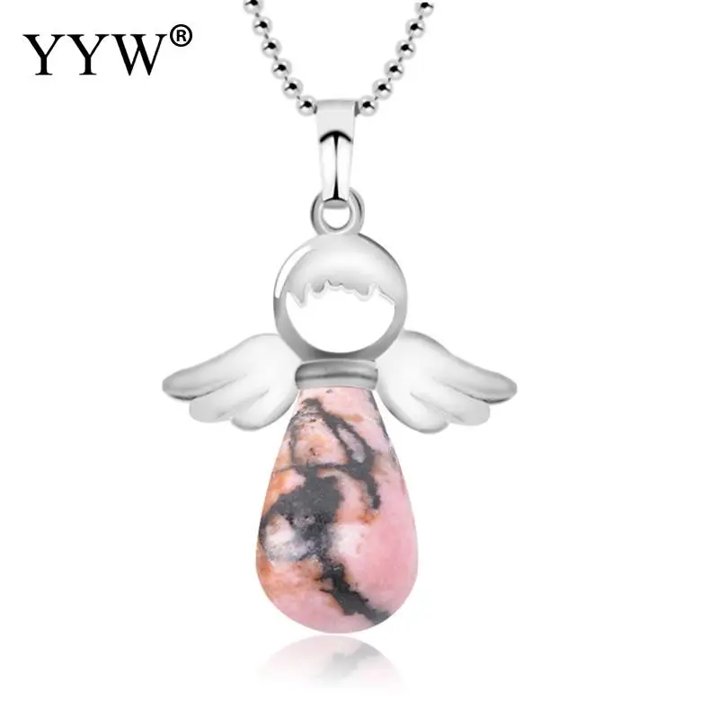 

YYW Natural Stone Angel Wings Pendant Necklace Pink Quartz Onyx Silver Color Water Drop Pendants Female Jewelry Gift Pendulum